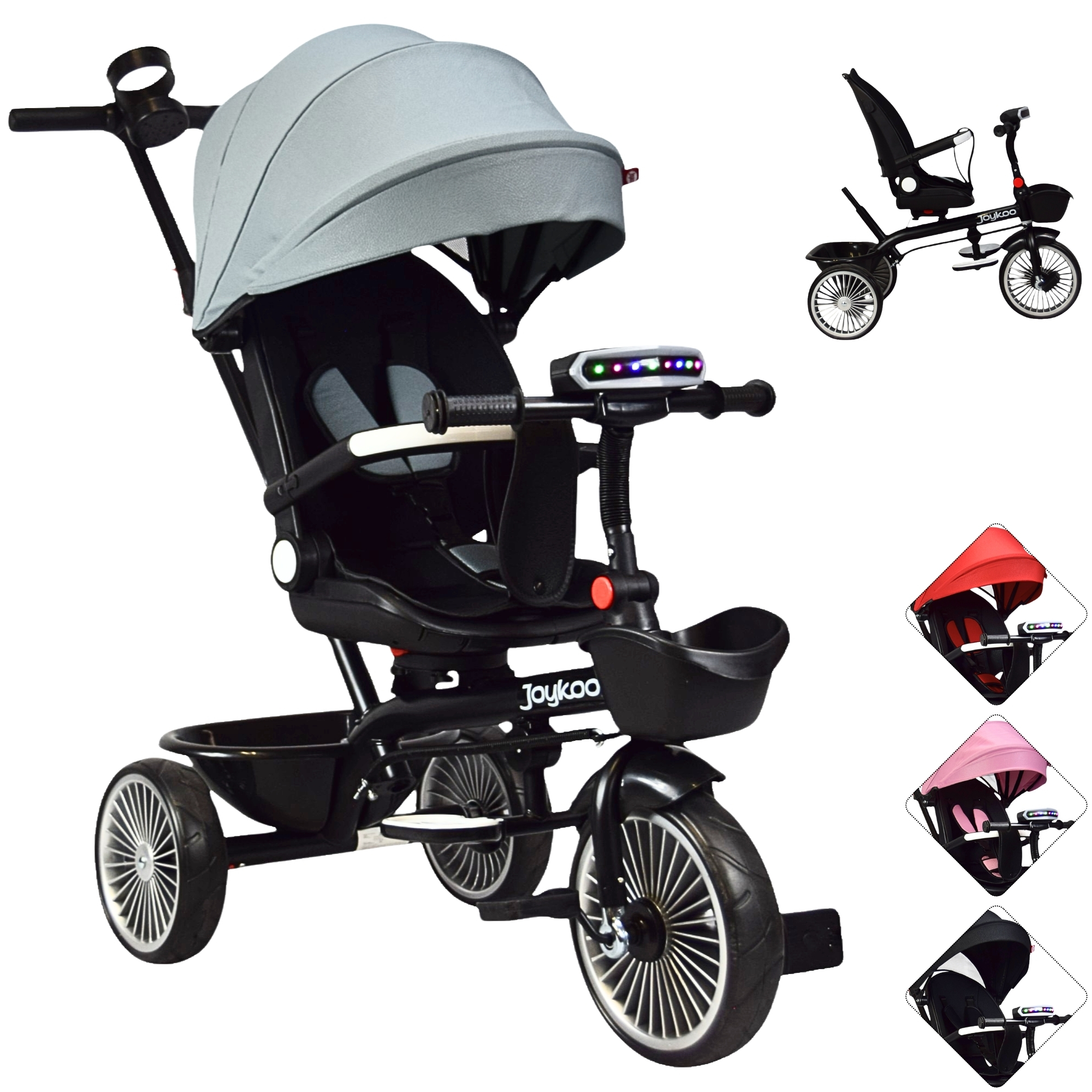 Triciclo para Niños con Asiento Giratorio y Reclinable Luz Sonido Bastón Dirigible - Gris