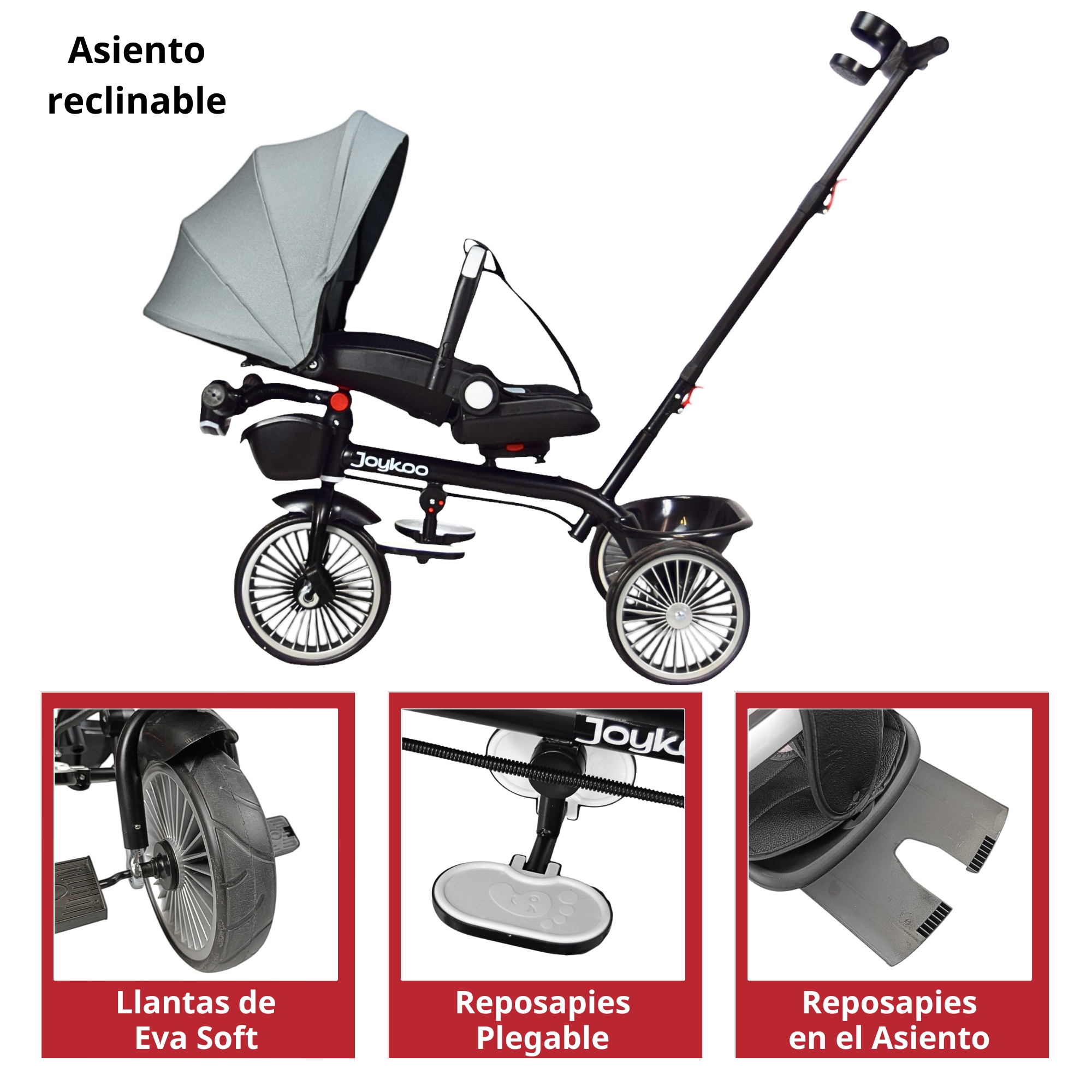 Triciclo para Niños con Asiento Giratorio y Reclinable Luz Sonido Bastón Dirigible - Gris