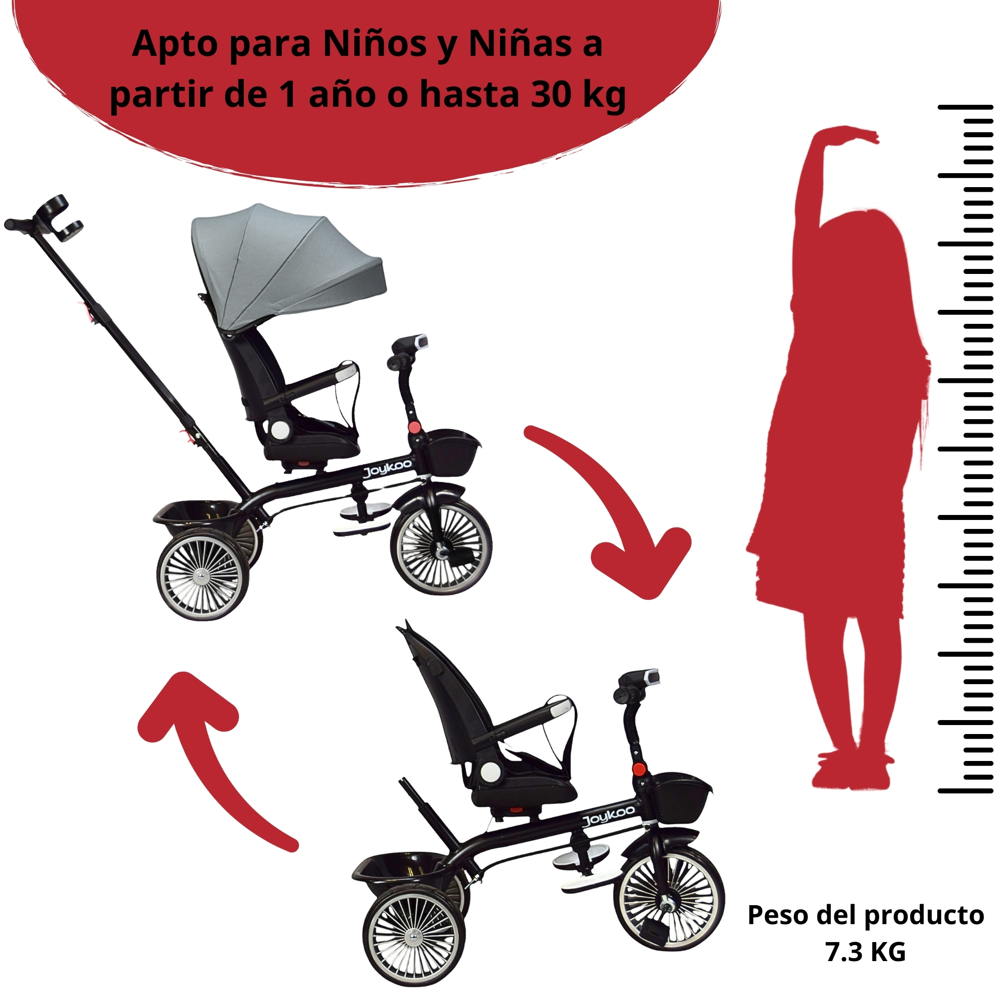 Triciclo para Niños con Asiento Giratorio y Reclinable Luz Sonido Bastón Dirigible - Gris