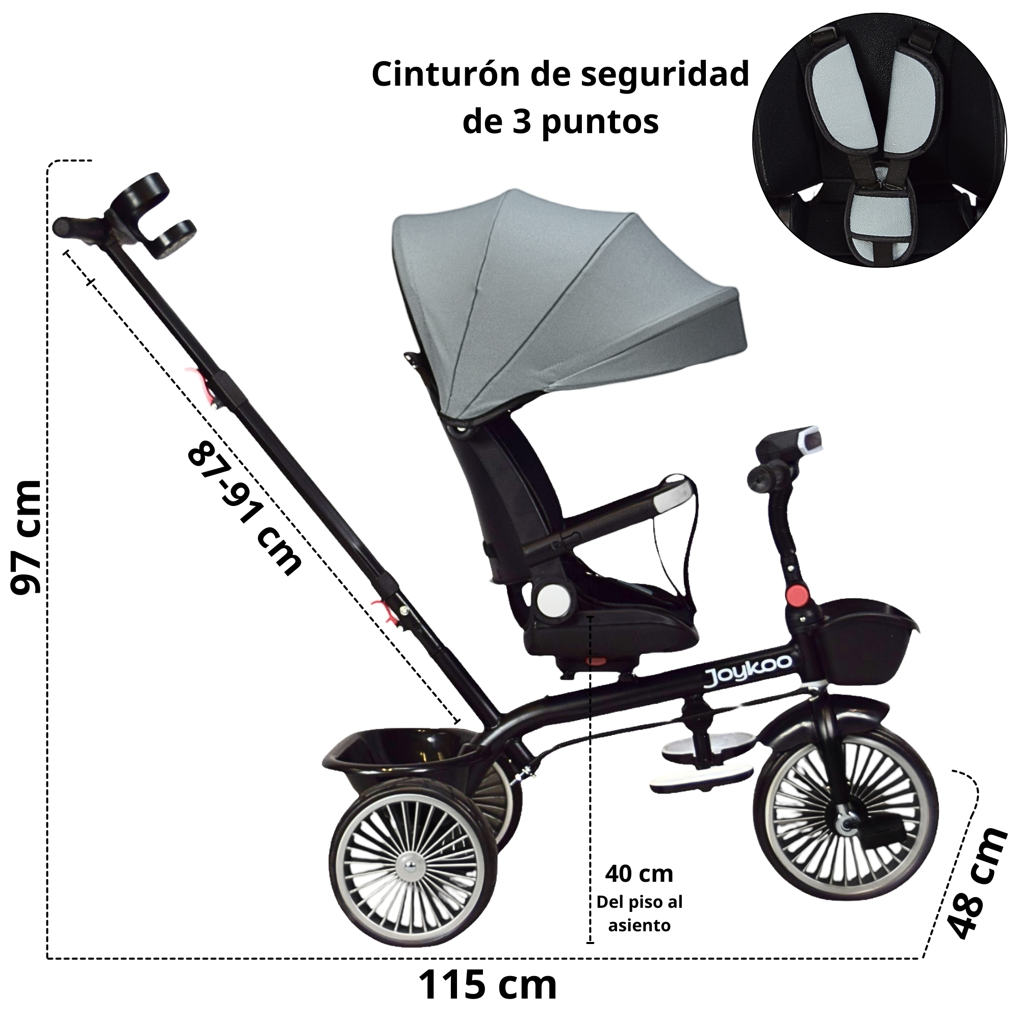 Triciclo para Niños con Asiento Giratorio y Reclinable Luz Sonido Bastón Dirigible - Gris