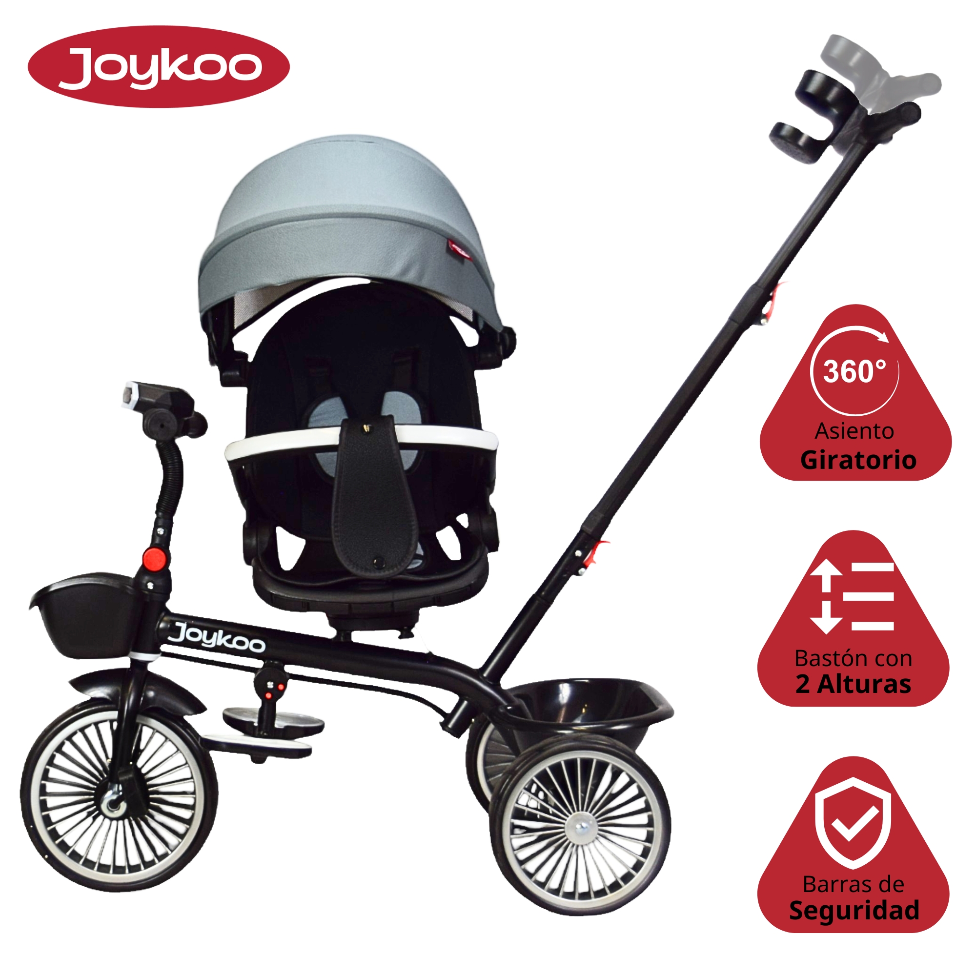 Triciclo para Niños con Asiento Giratorio y Reclinable Luz Sonido Bastón Dirigible - Gris