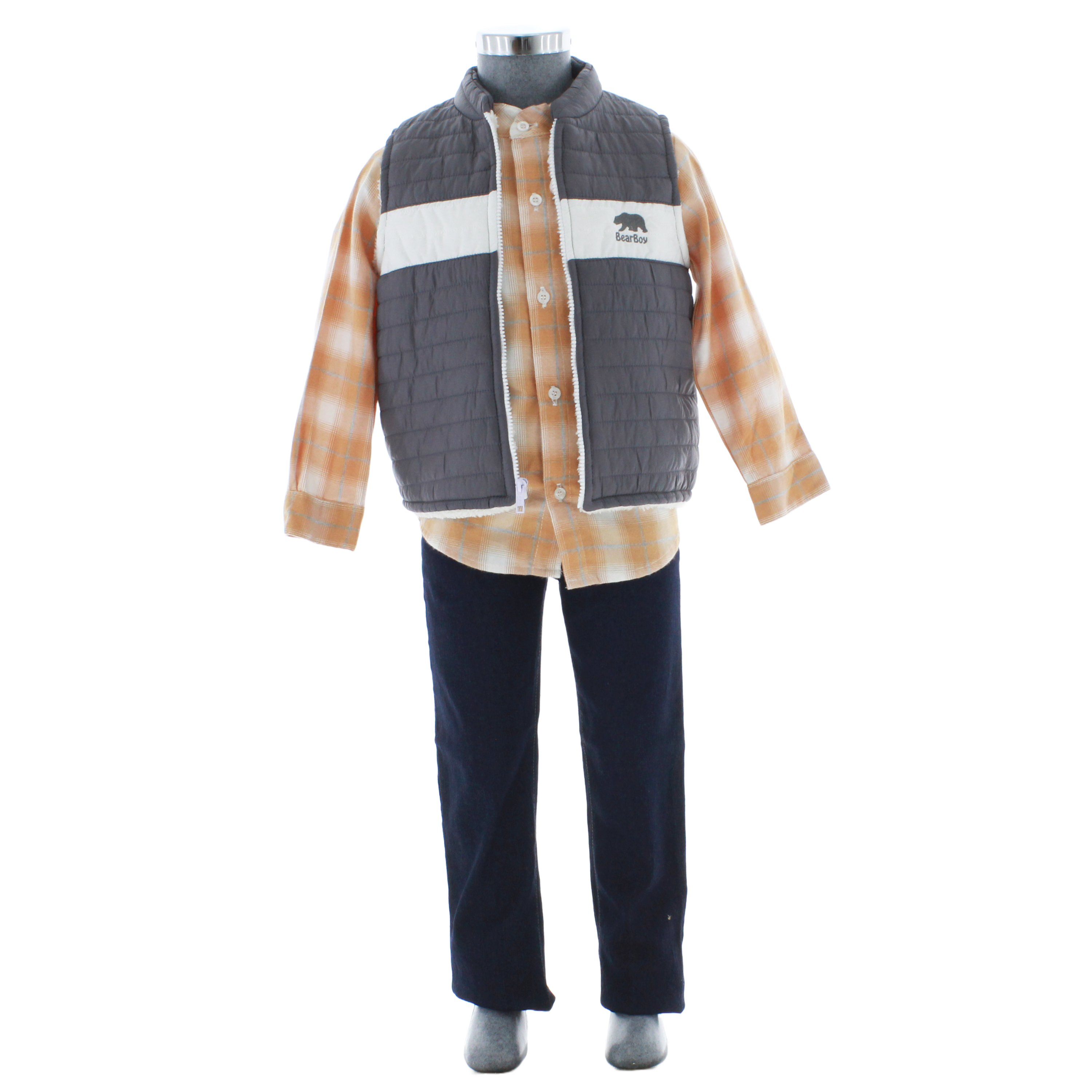 Conjunto Jeans, Chaleco y Camisa Niño Naranja 3 Piezas 3913 5 a 13 Años.