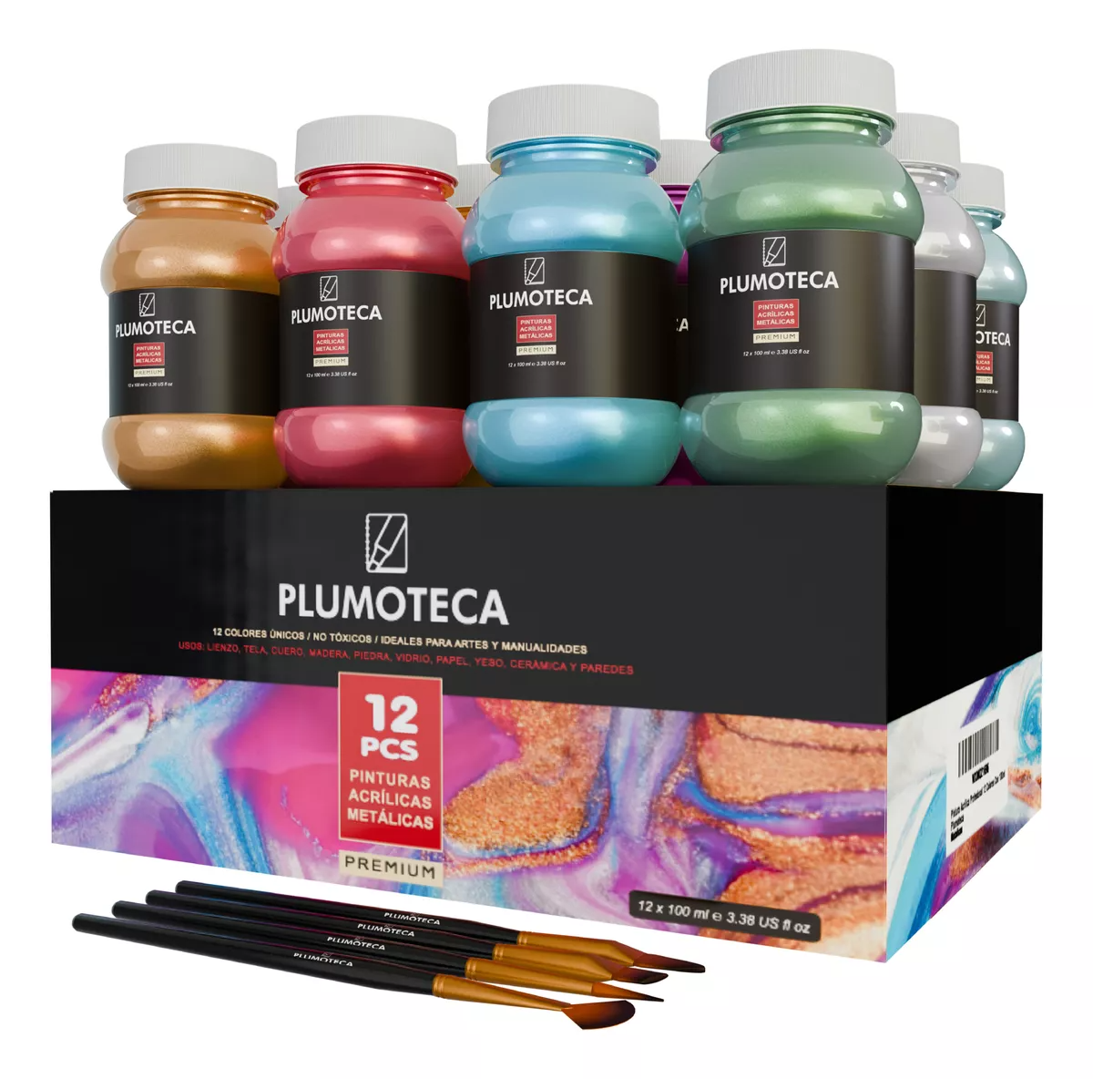 Pintura Acrílica Profesional 12 Colores Con 100ml Plumoteca Metalicas.