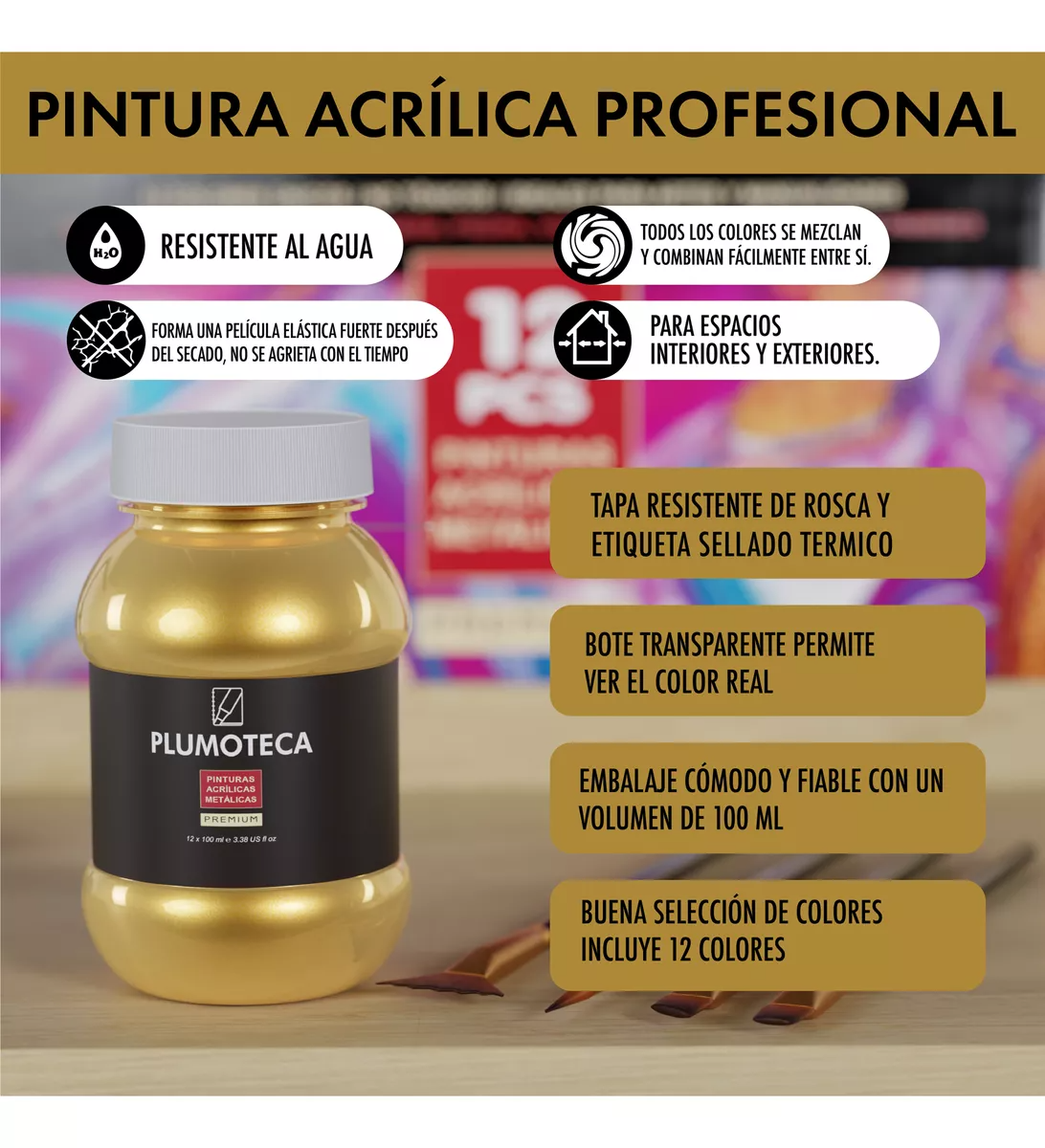 Pintura Acrílica Profesional 12 Colores Con 100ml Plumoteca Metalicas.