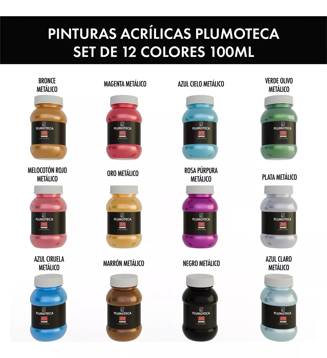 Pintura Acrílica Profesional 12 Colores Con 100ml Plumoteca Metalicas.
