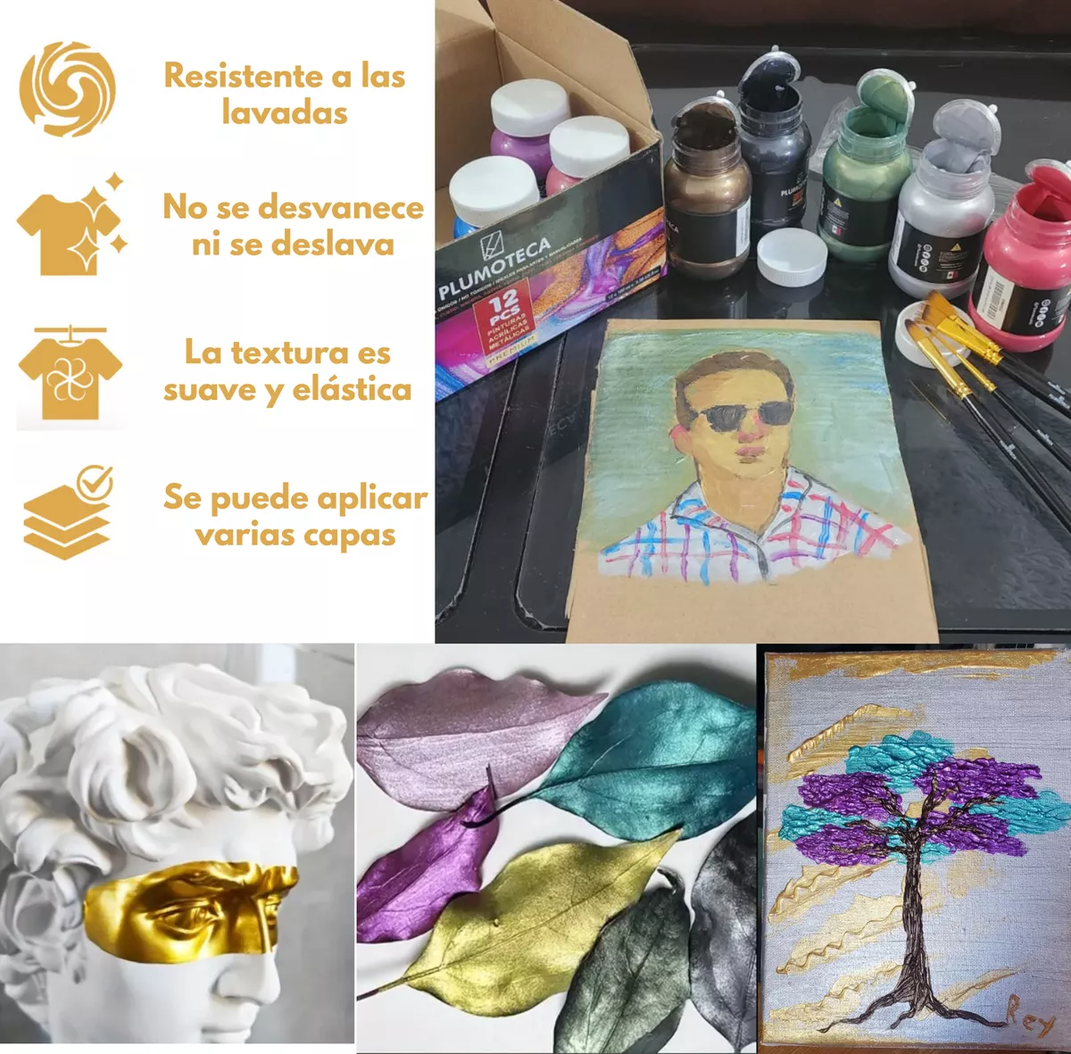Pintura Acrílica Profesional 12 Colores Con 100ml Plumoteca Metalicas.
