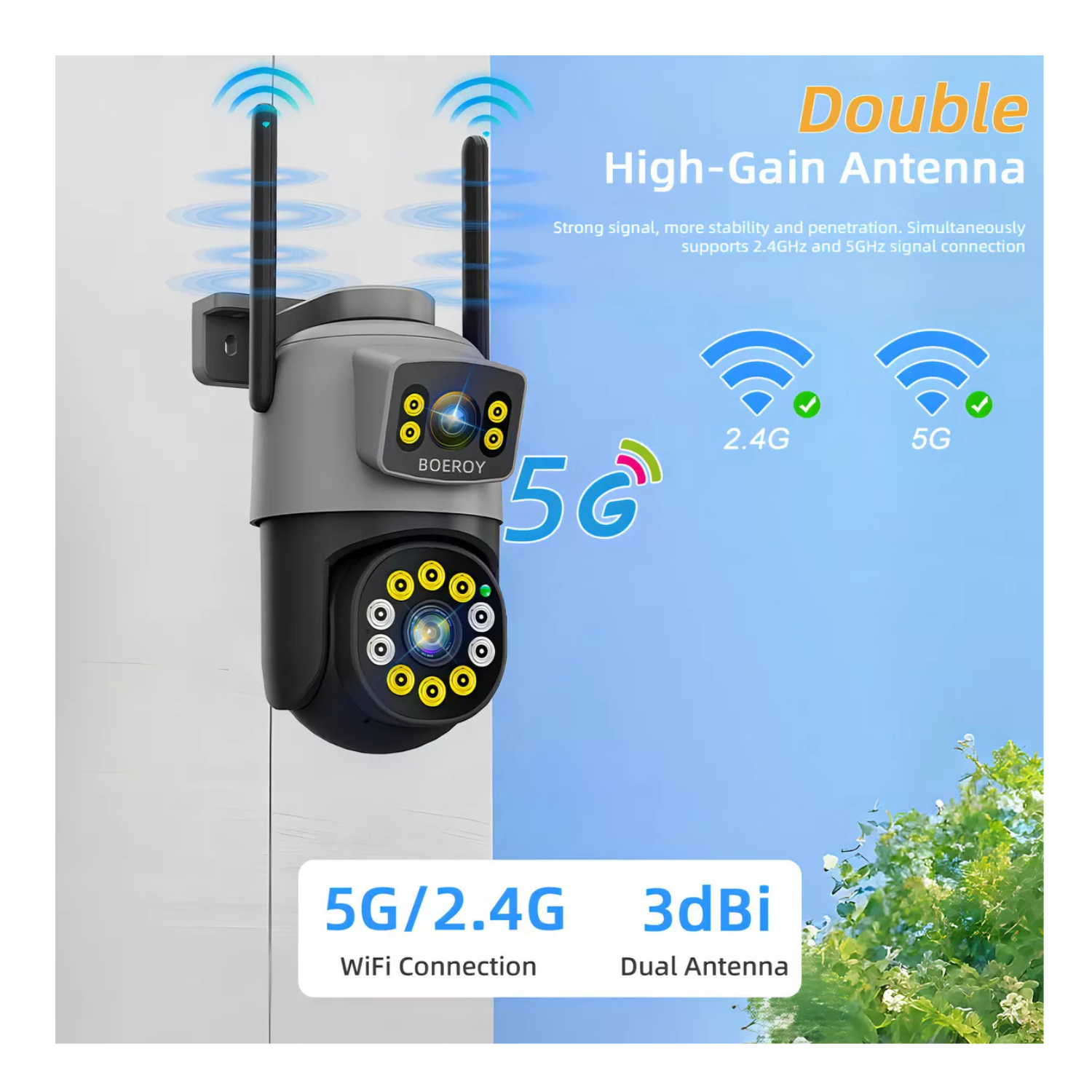 Cámara De Seguridad Boeroy H10 Doble Lente Wifi 5g Exterior Con Led Alarma