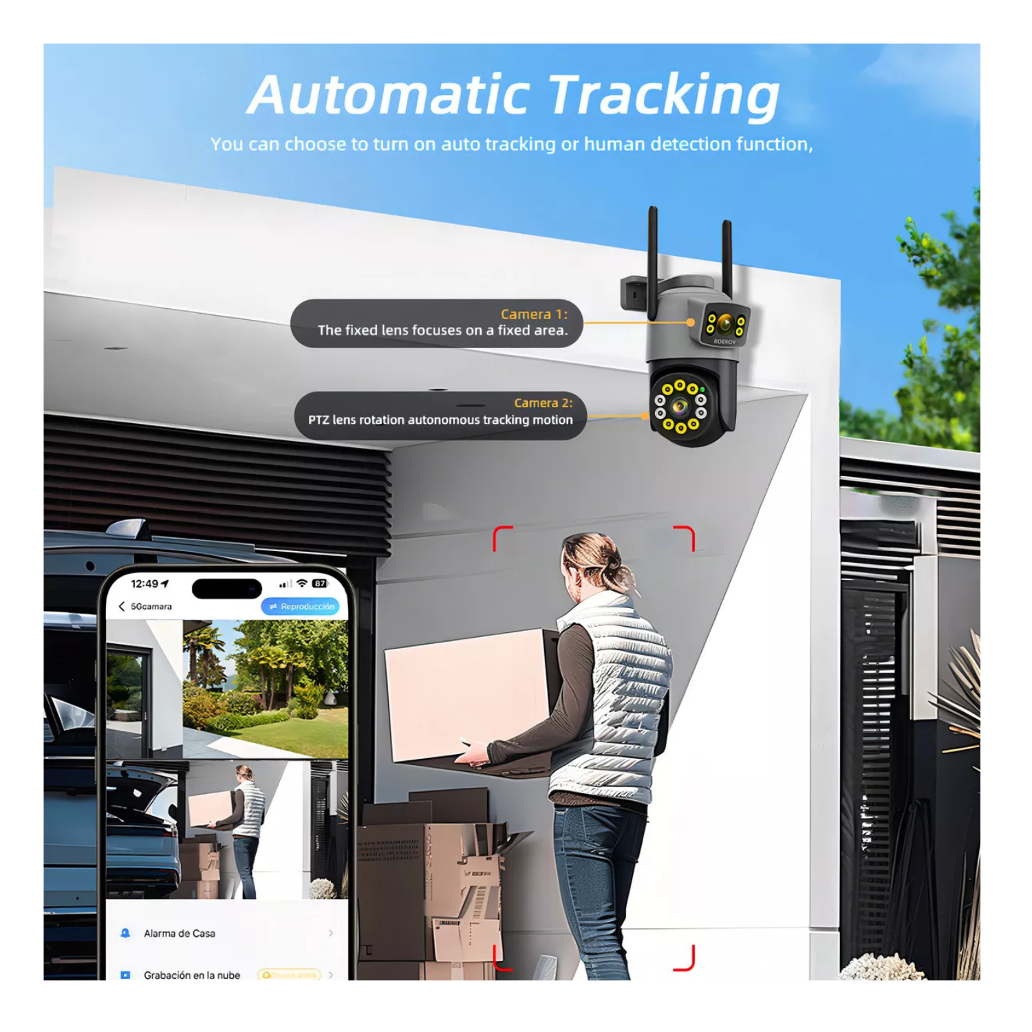 Cámara De Seguridad Boeroy H10 Doble Lente Wifi 5g Exterior Con Led Alarma