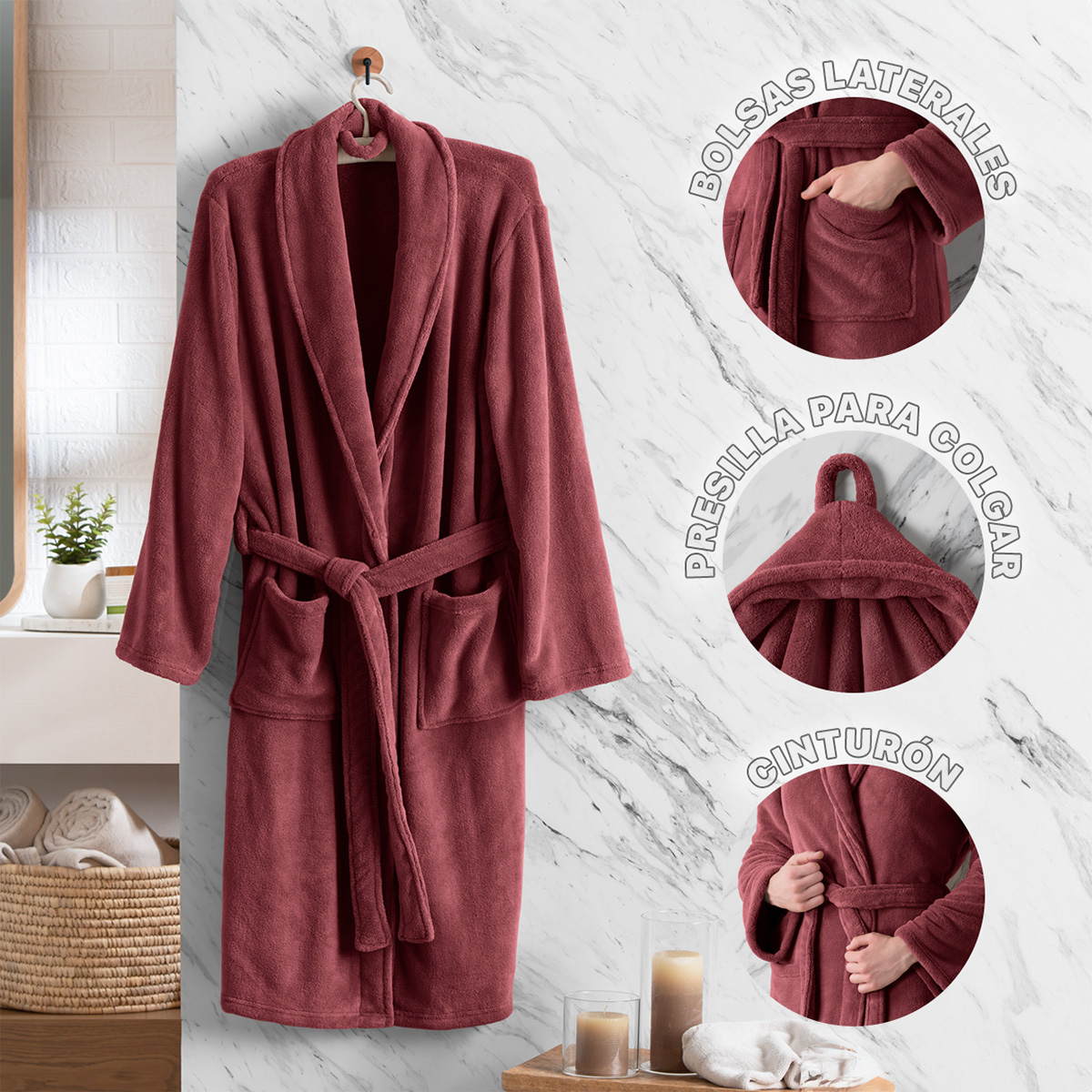  Bata de Baño para Hombre Absorbente Unitalla Vino REAL TEXTIL