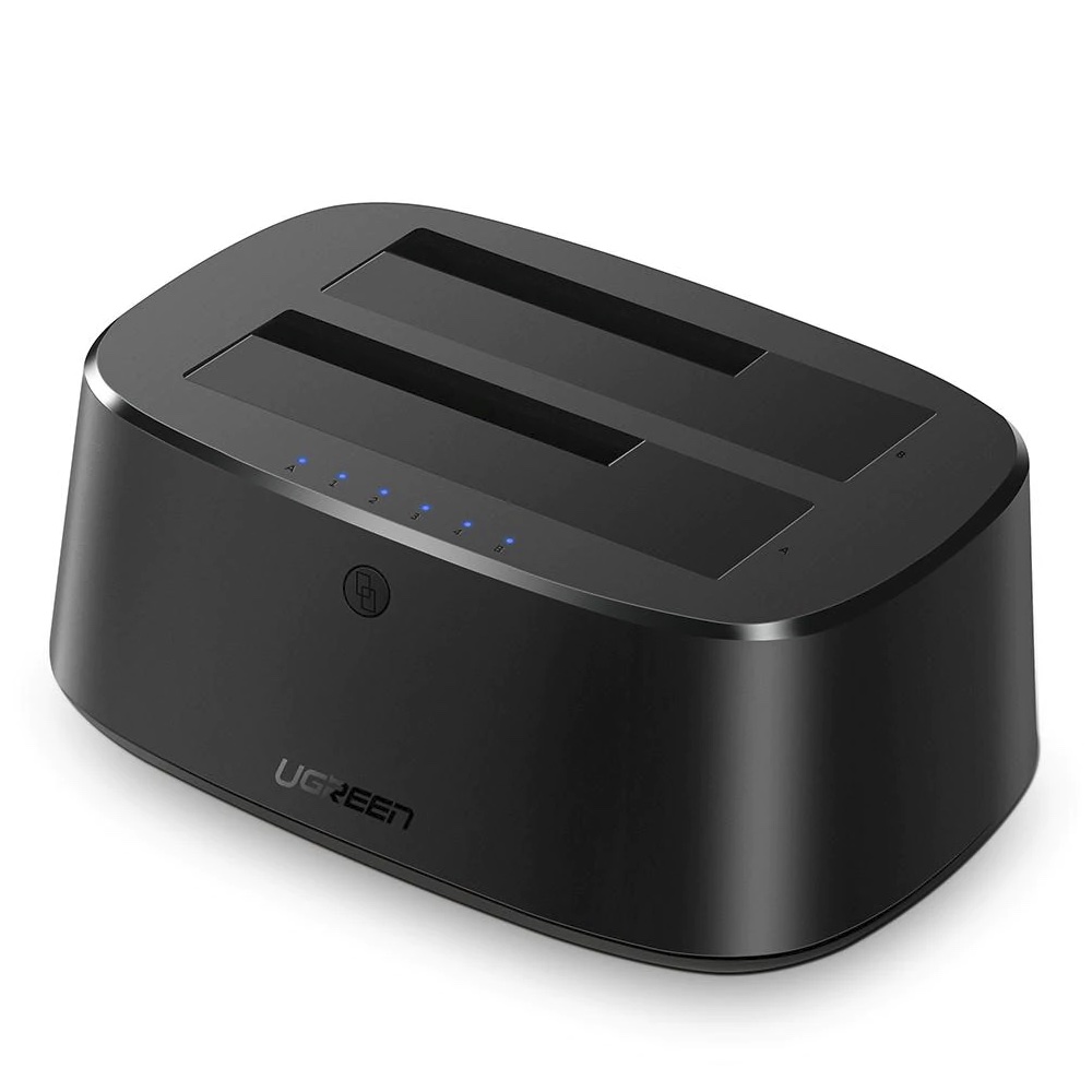 UGREEN Base Externa para Discos Duros Doble Bahía - USB 3.0 Plug & Play, Soporta HDD/SSD 2.5' y 3.5' hasta 12TB | Clonación Rápida + Adaptador Incluido