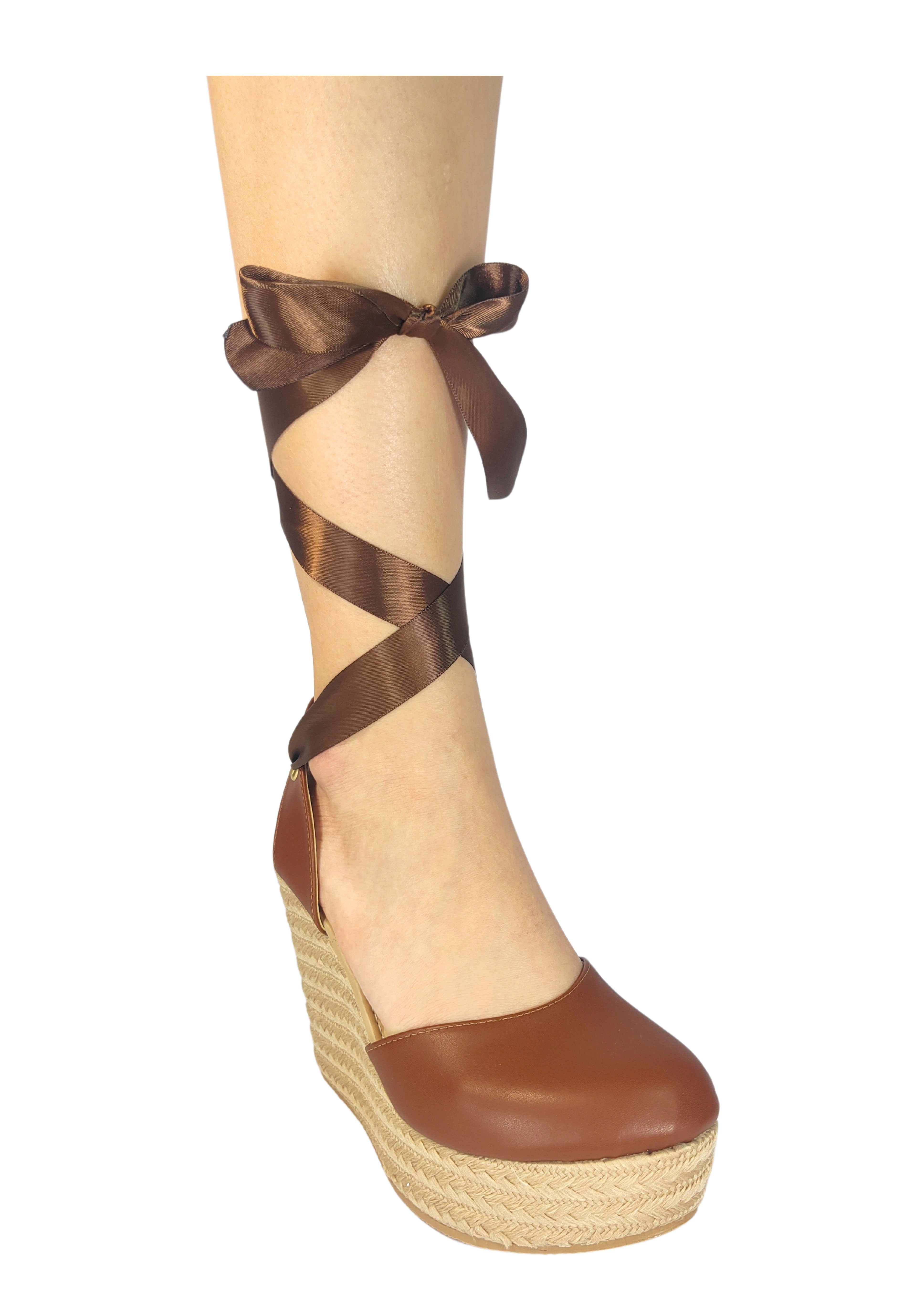 Alpargatas Cerradas QUEEN By GyF de plataforma Yute Mujer con Listones Color Café