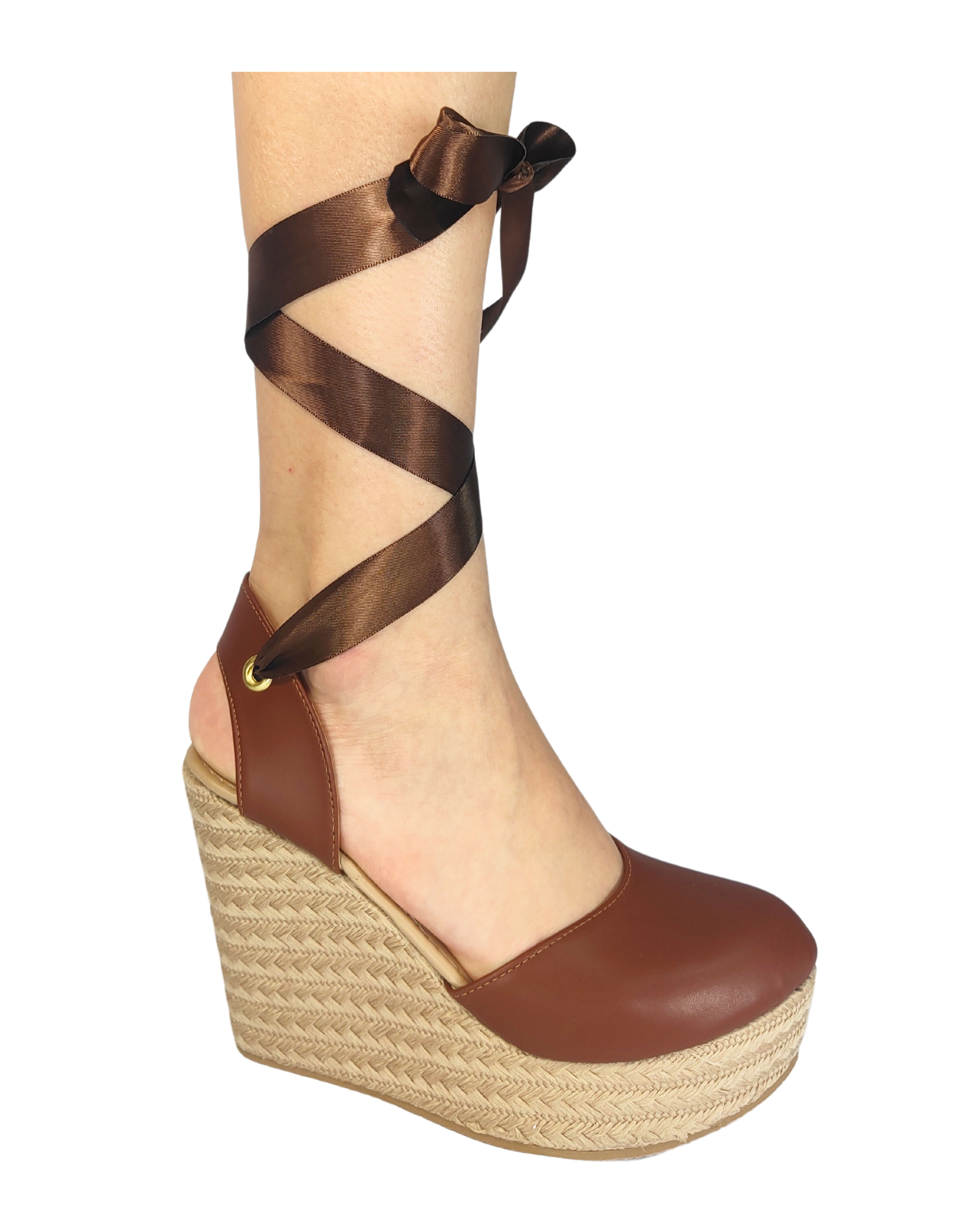 Alpargatas Cerradas QUEEN By GyF de plataforma Yute Mujer con Listones Color Café
