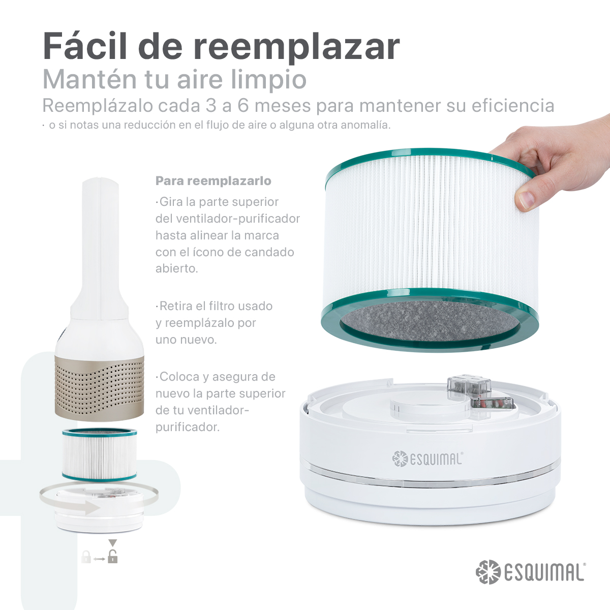 Filtro HEPA H13 Repuesto para Purificador de Aire con Carbón Activado. Atrapa Partículas, Polvo, Elimina Olores. Compatible con Ventilador Aero 1200 ESQUIMAL