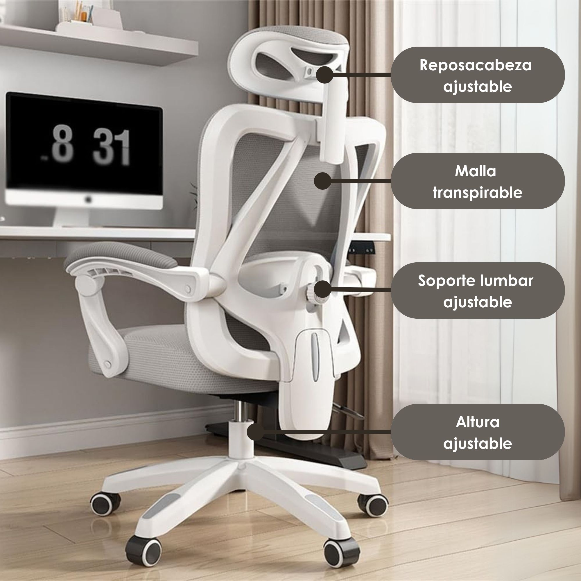 Ilios Innova | Silla Ergonómica para Oficina: Soporte Lumbar y Ajustable Color Blanco