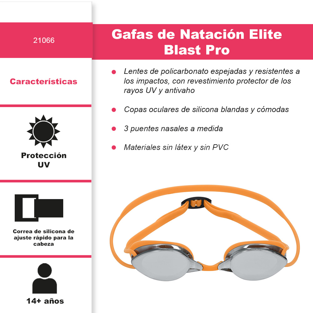 Goggles Para Adulto Natación Lente Espejo 14 Años Filtro Uv Naranja