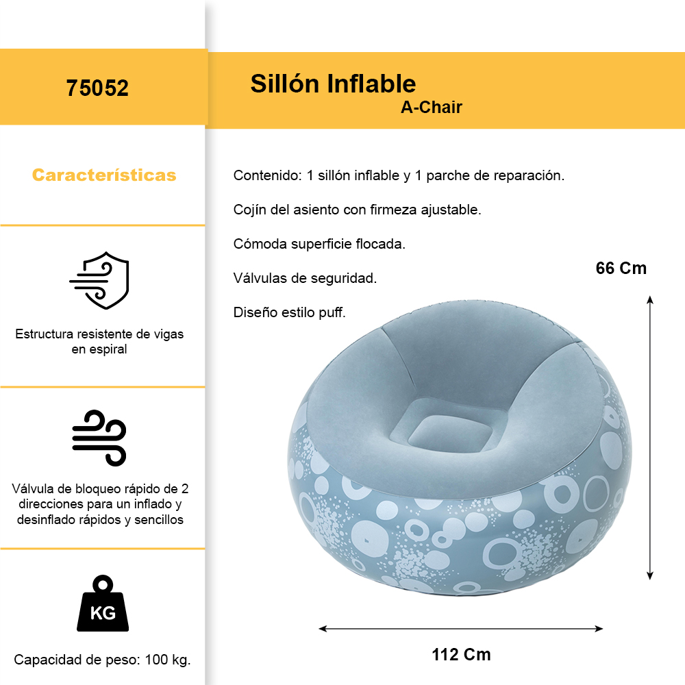 Sillon Inflable Puff Bestway Aterciopelado Cómodo Azul