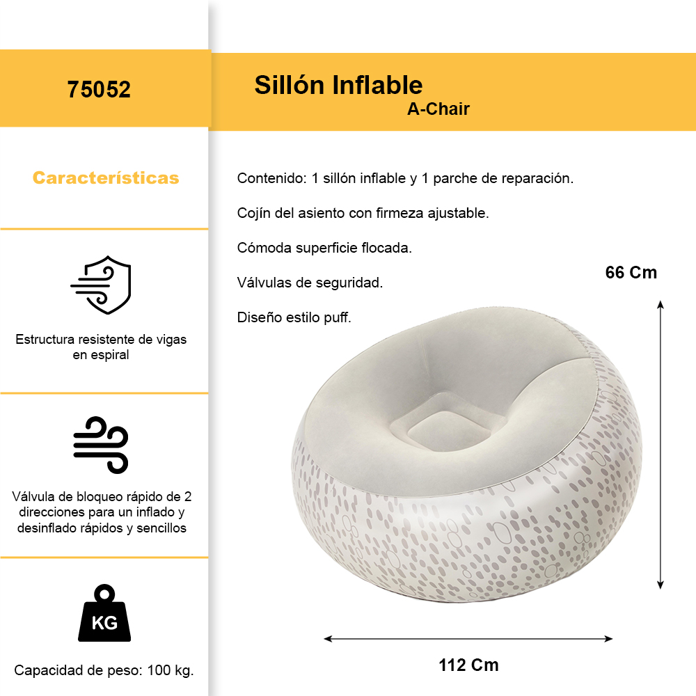 Sillon Inflable Puff Bestway Aterciopelado Cómodo Gris