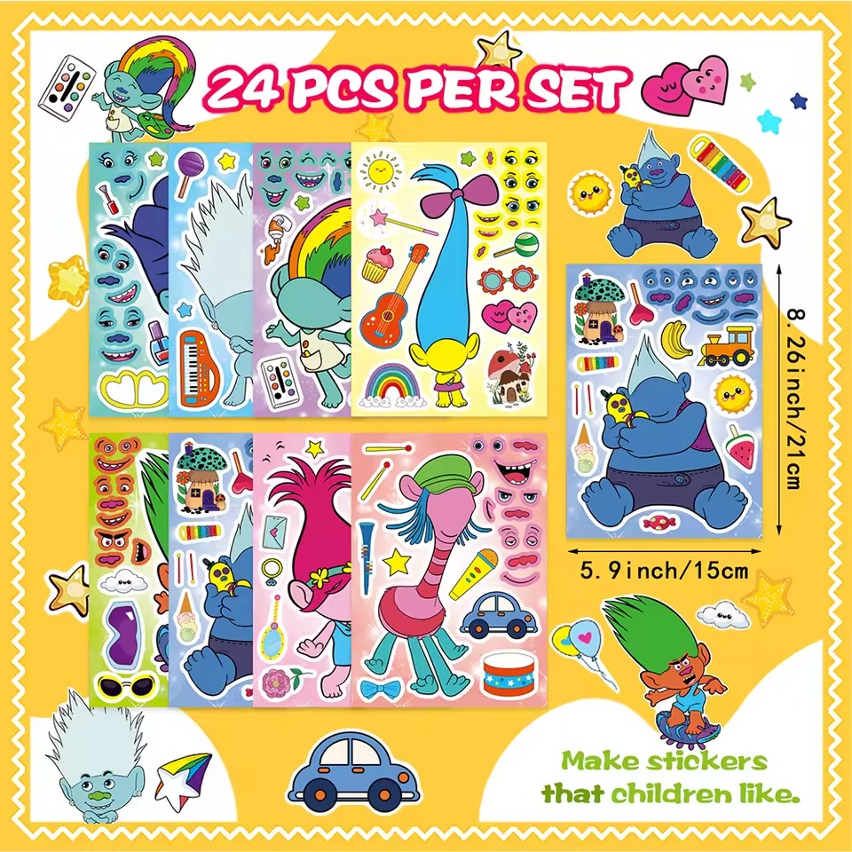 24 Etiquetas Armar DIY Pelicula Trolls Cuello Largo Musical Calcomanías Pegatinas