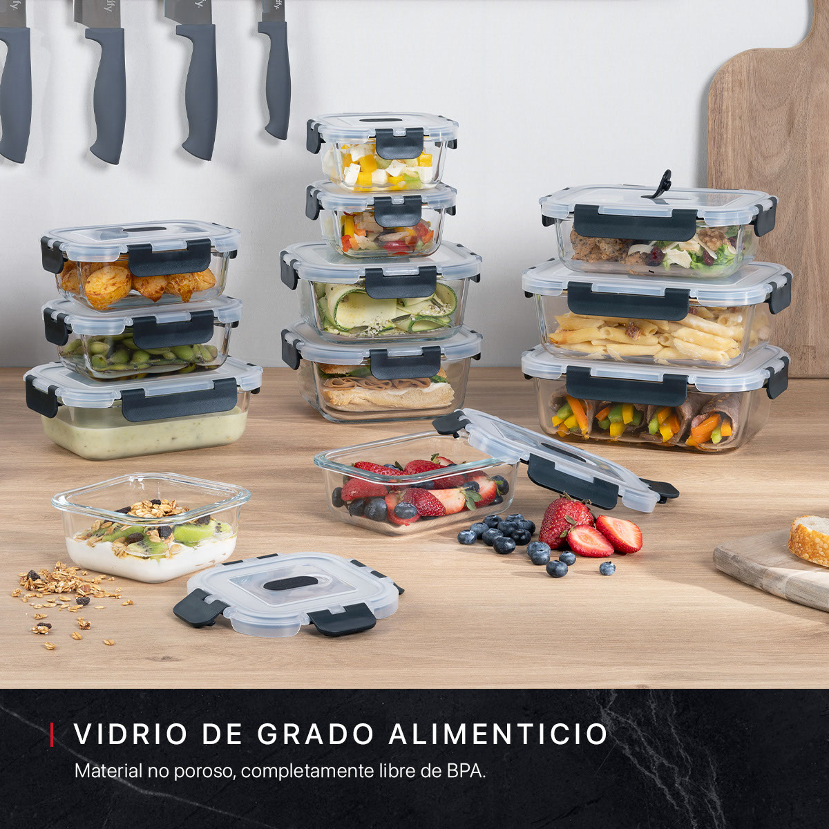 Recipientes de Vidrio Herméticos para Alimentos 12 Contenedores con 12 Tapas - Toppers Cookify