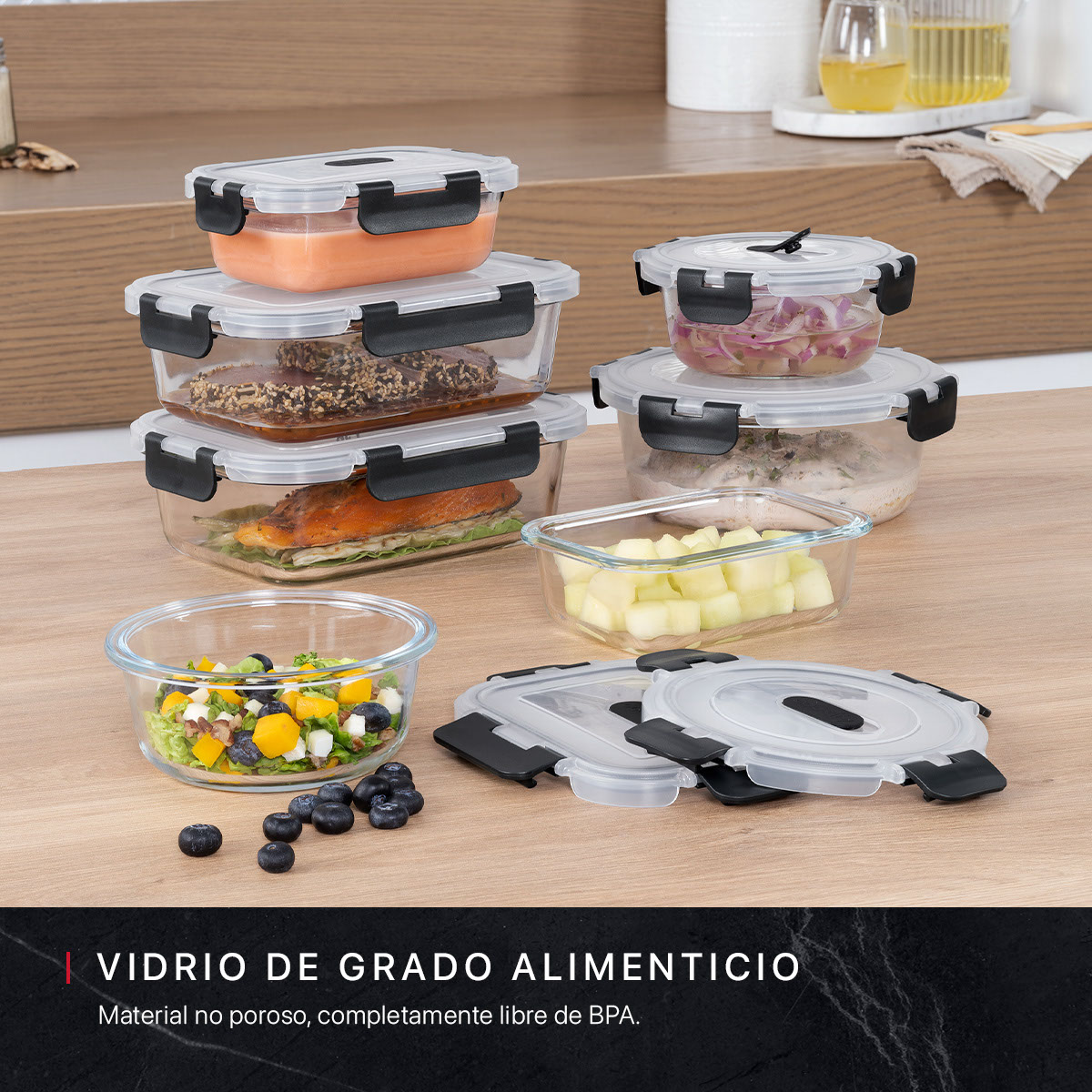 Recipientes de Vidrio Herméticos para Alimentos 7 Contenedores con 7 Tapas - Toppers Cookify