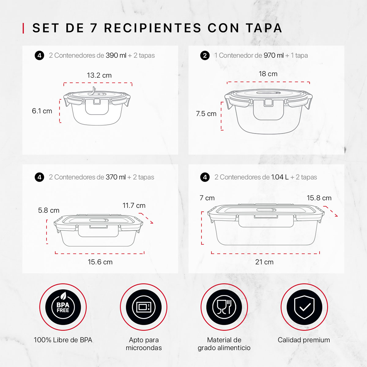 Recipientes de Vidrio Herméticos para Alimentos 7 Contenedores con 7 Tapas - Toppers Cookify