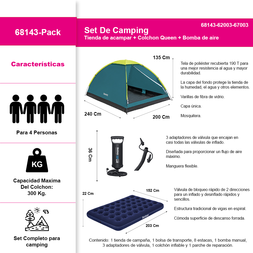 Super bundle para acampar Tienda para 4 Colchon y Bomba manual