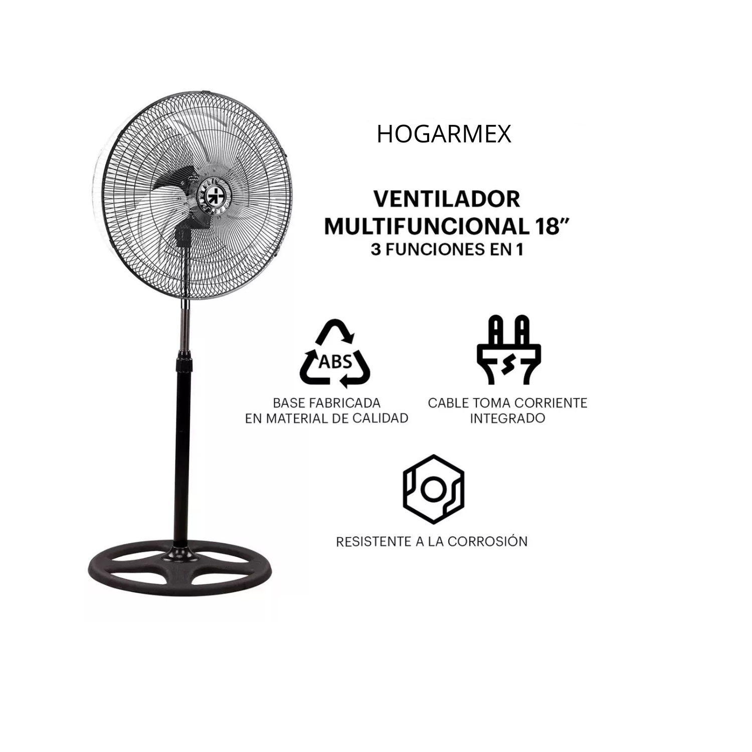 Ventilador 18 Pedestal Piso Pared 3 En 1 Aspas Metálica Estructura Negro Aspas Pateado Diámetro 45 cm Frecuencia 60 Hz Material de las aspas Metal