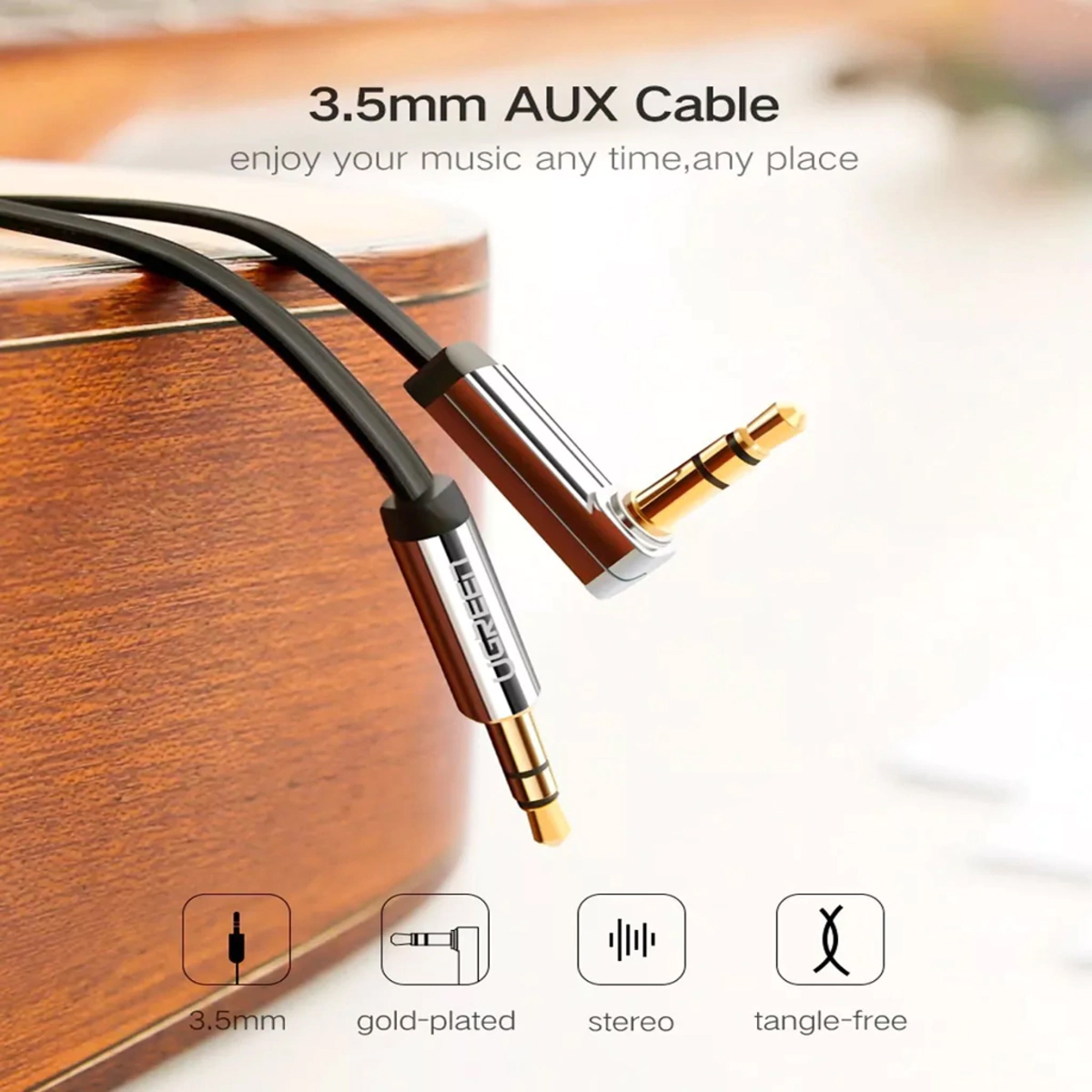 Cable Auxiliar Plano 2m. Negro Conector 3.5mm A 3.5mm Ugreen