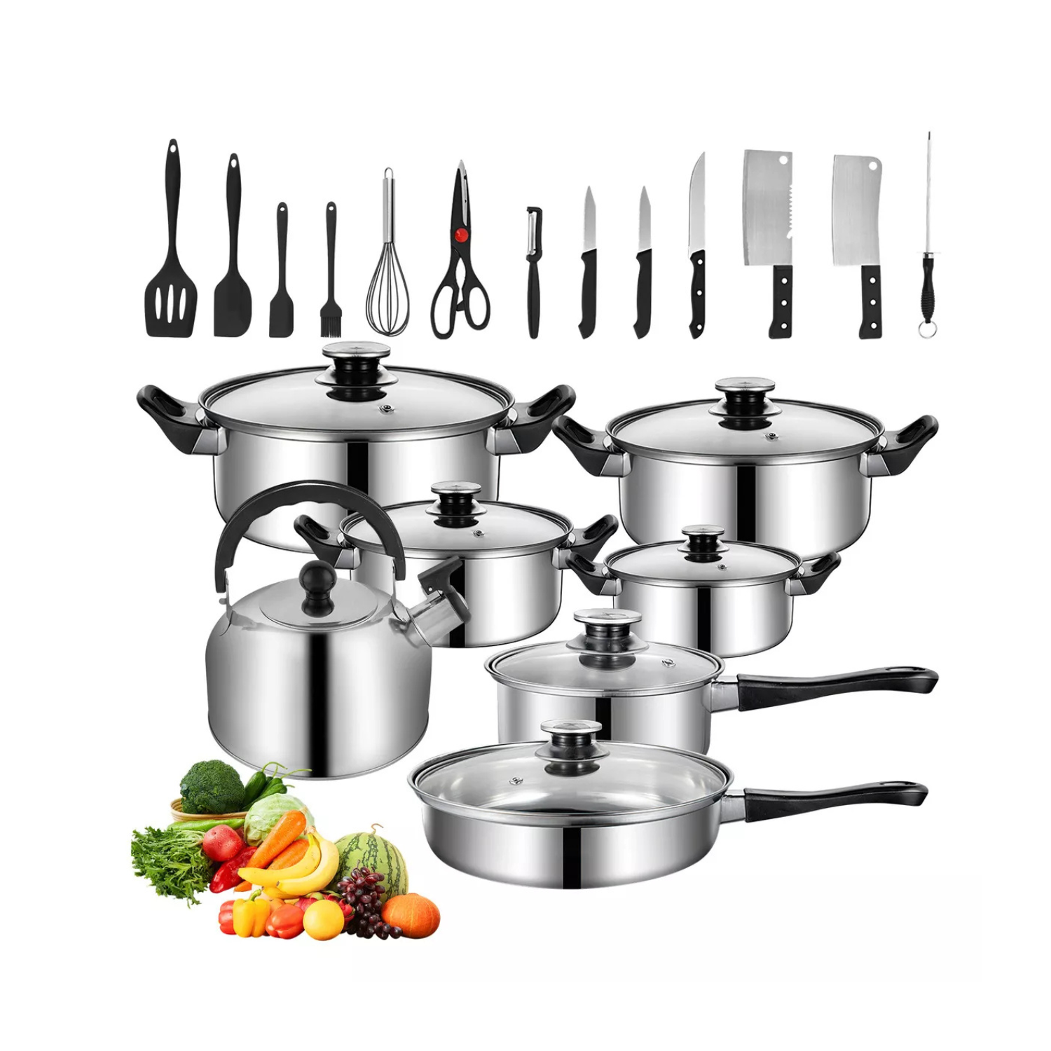 Batería de cocina antiadherente inoxidable completa de 25 piezas