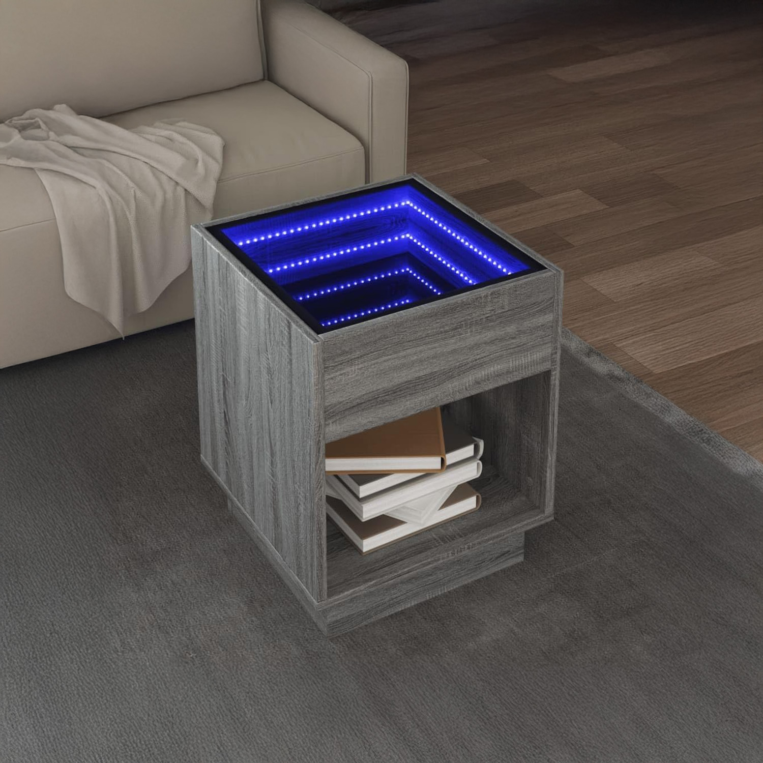Bossa Mesa auxiliar cuadrada gris Haifa con luz LED decorativa efecto infinito para sala o recamara