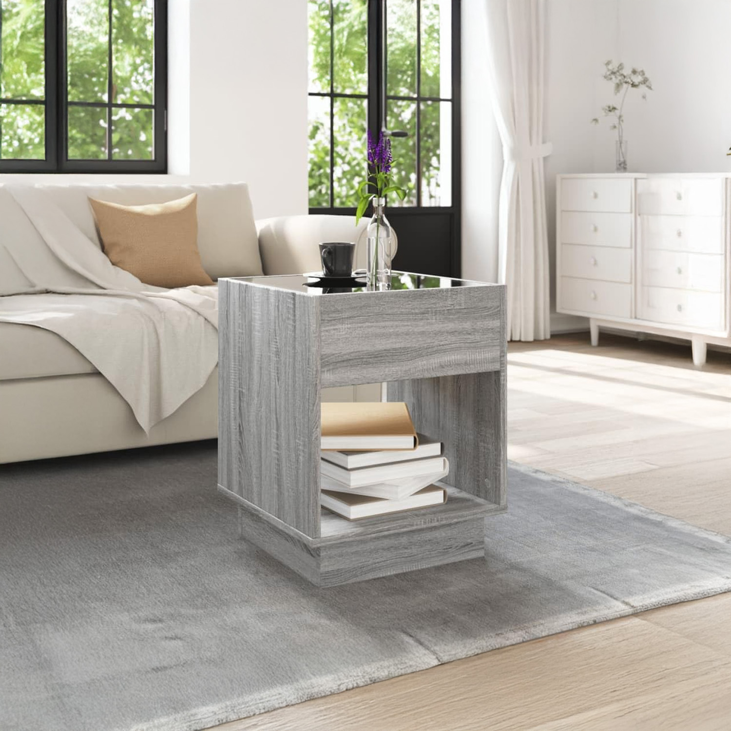 Bossa Mesa auxiliar cuadrada gris Haifa con luz LED decorativa efecto infinito para sala o recamara
