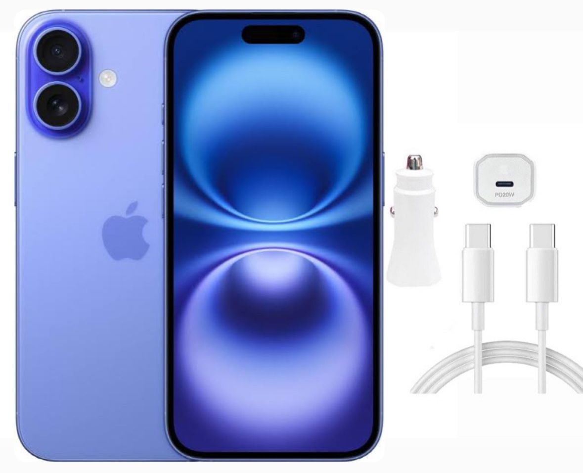 Apple iPhone 16 128GB Color Ultramarine Nuevo, sellado,libre de fabrica,con bandeja para chip mas Cargador para Auto