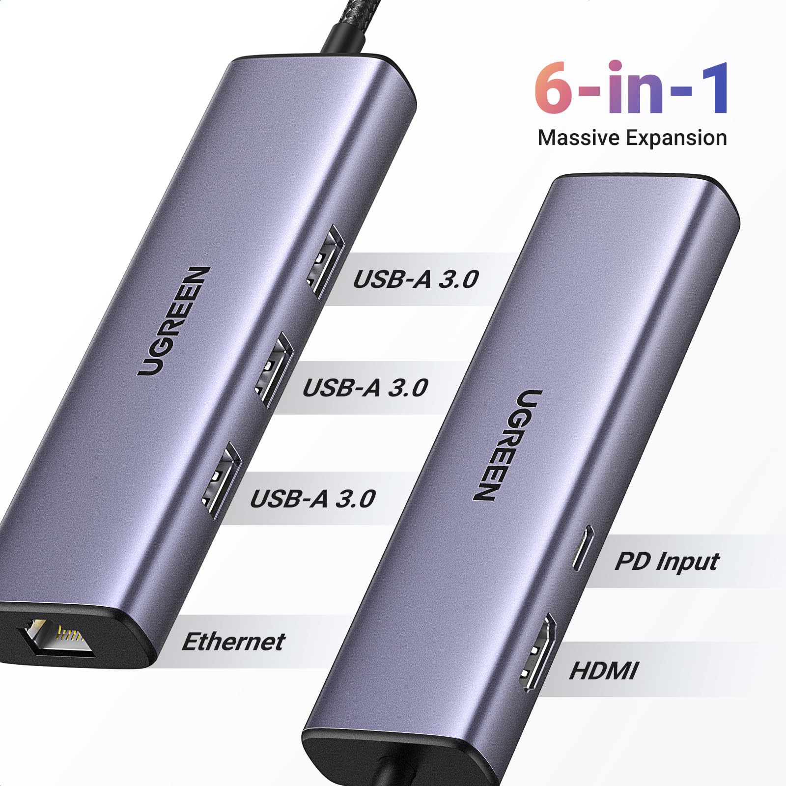 UGREEN Hub USB-C, Docking Station Revodok 6 en 1, HDMI 4K, Ethernet RJ45, para MacBook, adaptador multipuerto, hub viaje, plug and play