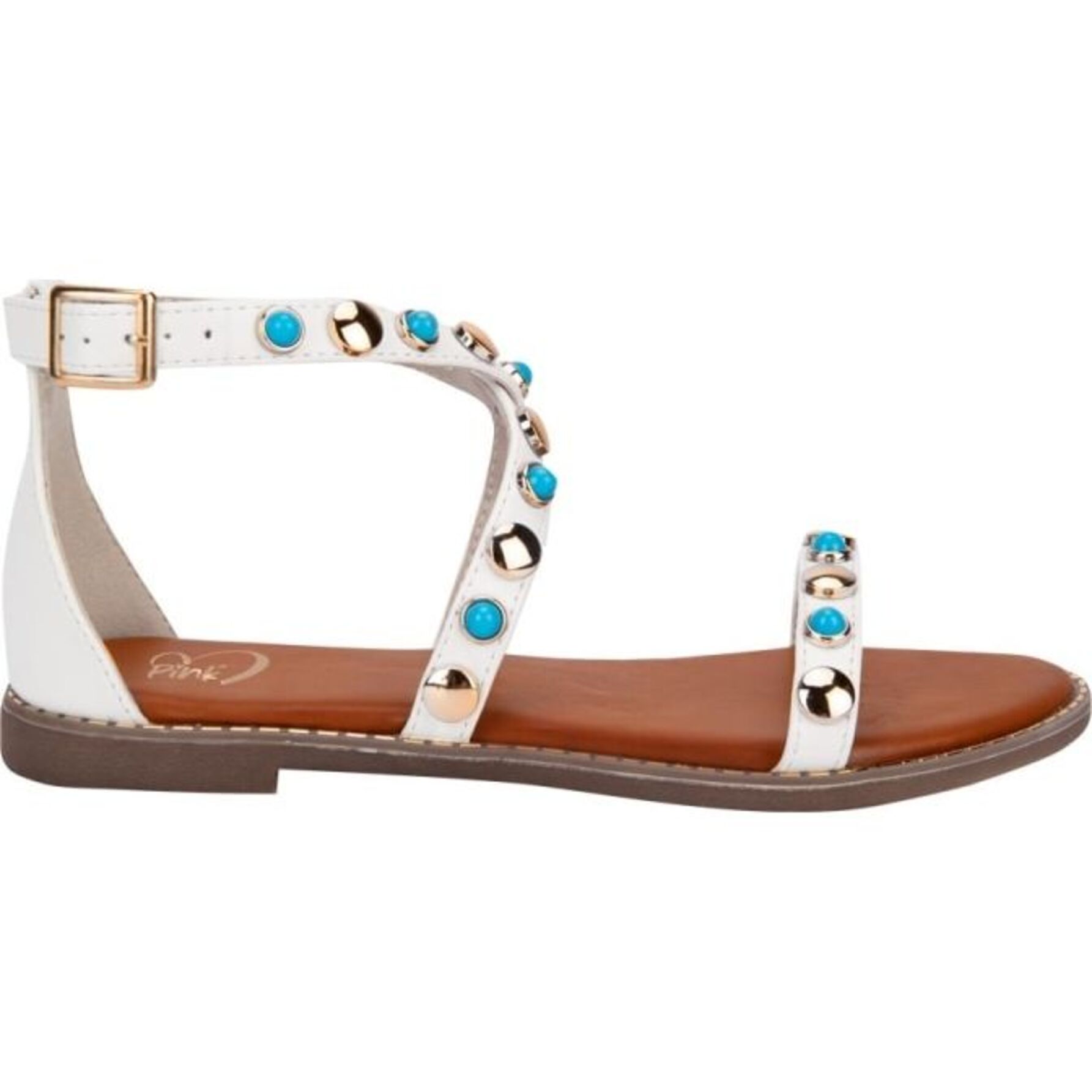 Sandalia para mujer, plana, casual, con banda con estoperoles, talón con pulsera, acabado napa, marca PBPS, color blanco, mod. 1190846 