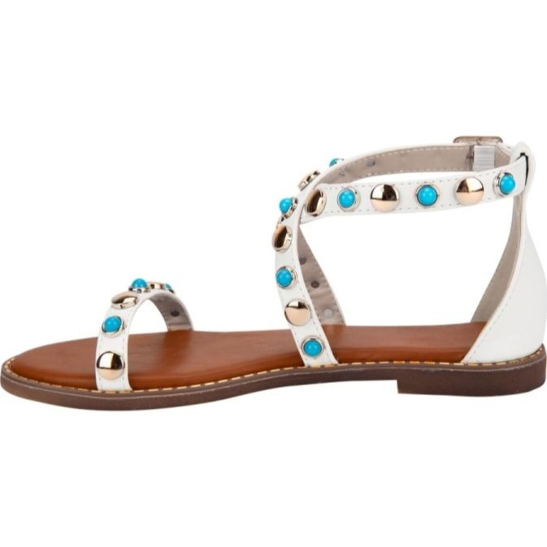 Sandalia para mujer, plana, casual, con banda con estoperoles, talón con pulsera, acabado napa, marca PBPS, color blanco, mod. 1190846 