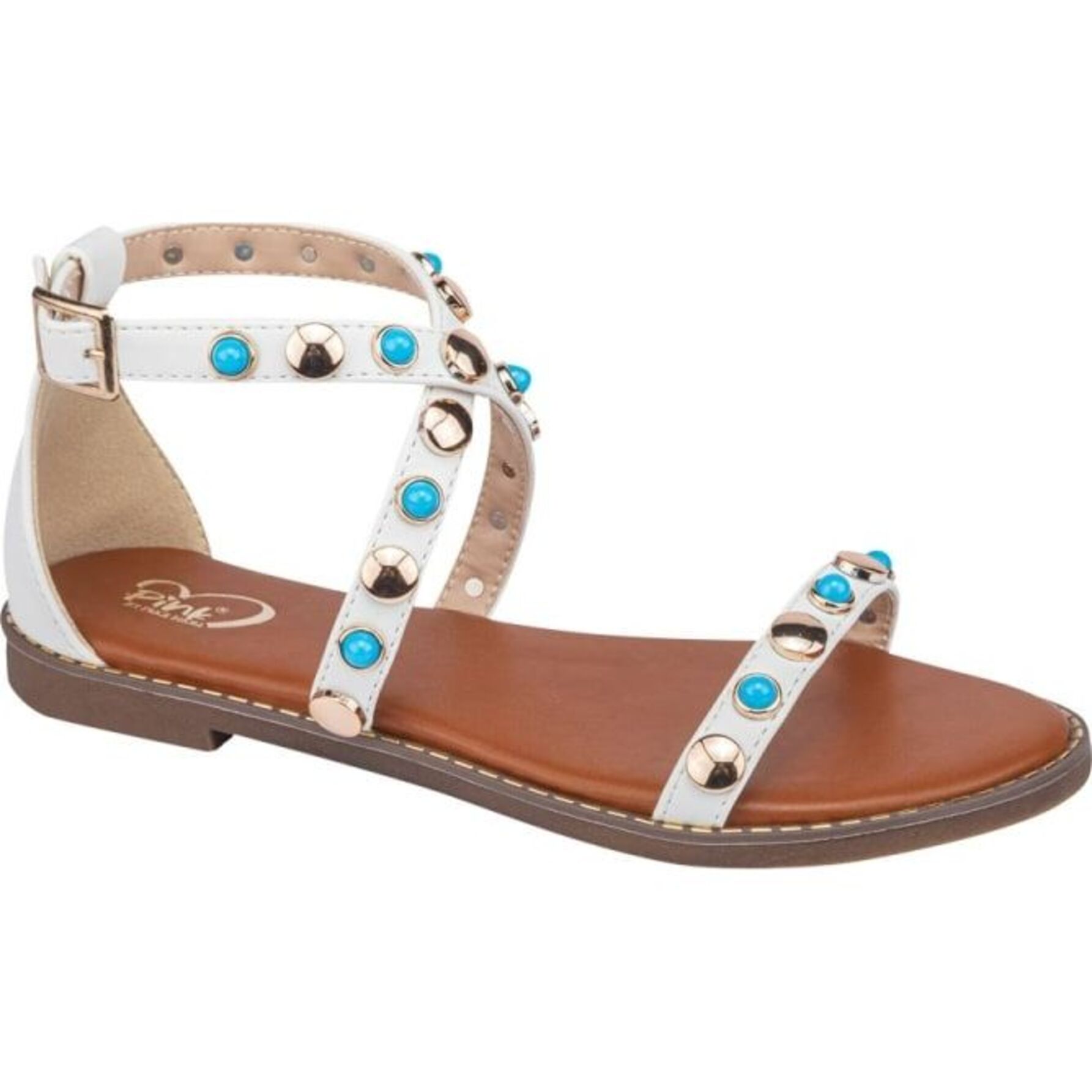 Sandalia para mujer, plana, casual, con banda con estoperoles, talón con pulsera, acabado napa, marca PBPS, color blanco, mod. 1190846 
