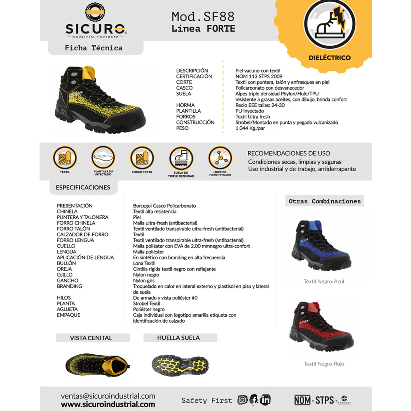 Botas de Seguridad Industrial Dielectrica Para Hombre Sicuro SF88 Negro Rojo Casco Policarbonato