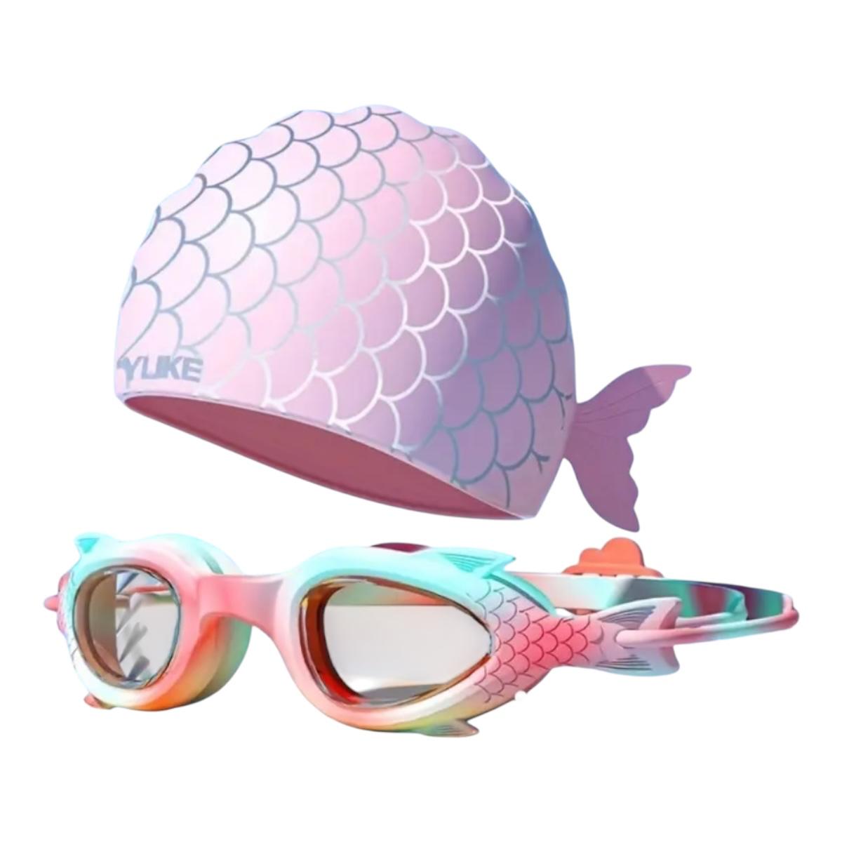Set De Googles Y Gorro De Natacion Diseño Sirena Para Niña