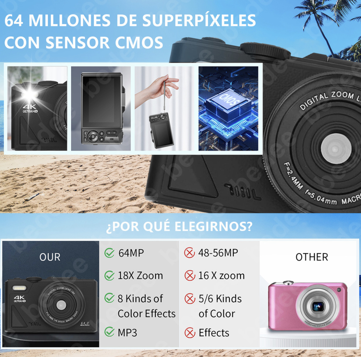 Cámara Digital Bedee 4k 64mp Cámara Vlog Con Tarjeta +32gb 2 Pilas Color Negro