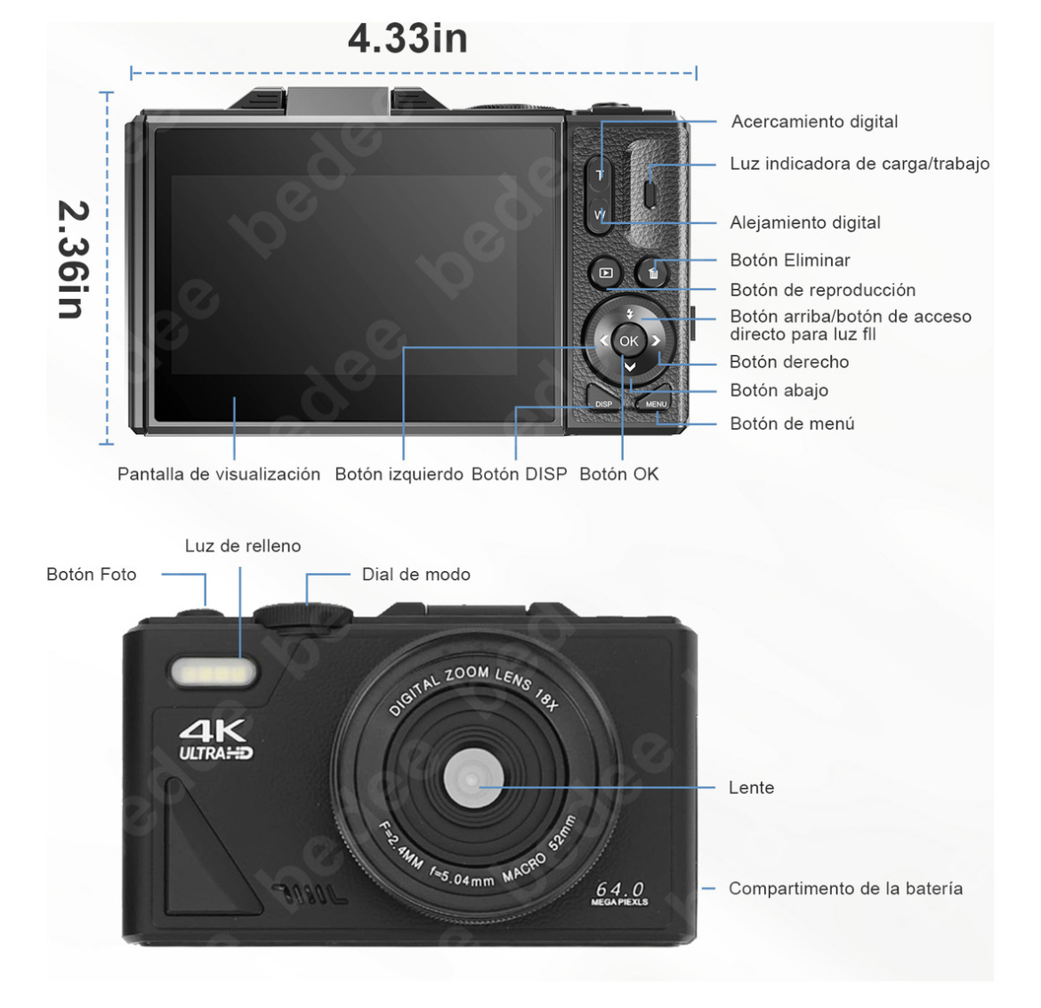 Cámara Digital Bedee 4k 64mp Cámara Vlog Con Tarjeta +32gb 2 Pilas Color Negro