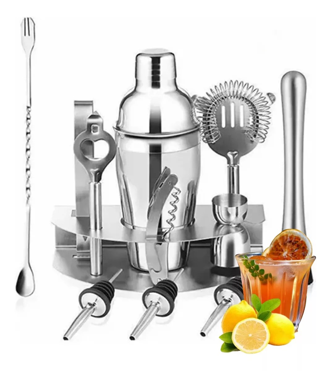 12 Pzs Bartender Shaker Cocktail Bar Utensilios Kit 750ml Color Plata