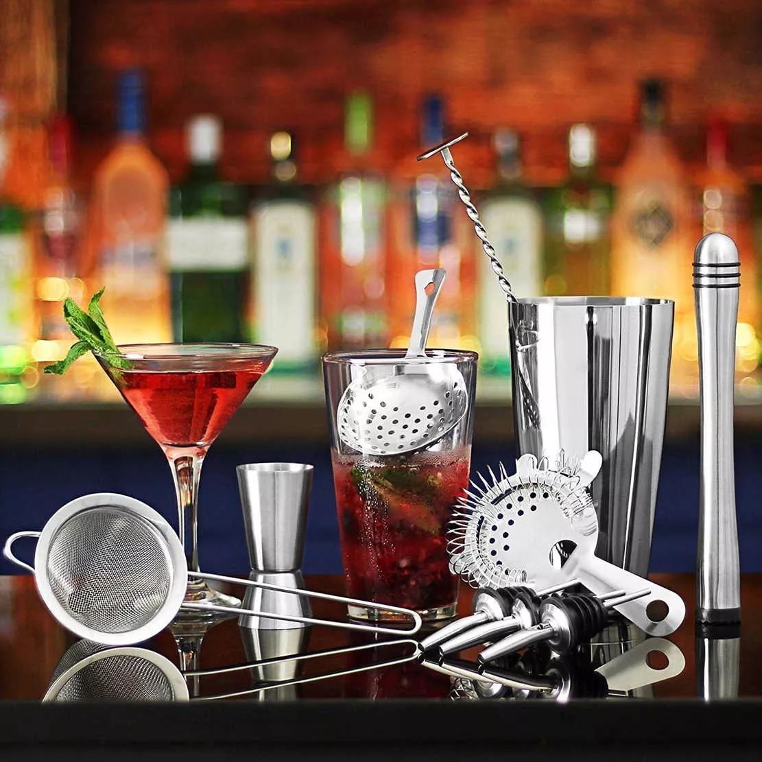 12 Pzs Bartender Shaker Cocktail Bar Utensilios Kit 750ml Color Plata