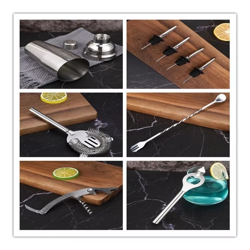 12 Pzs Bartender Shaker Cocktail Bar Utensilios Kit 750ml Color Plata