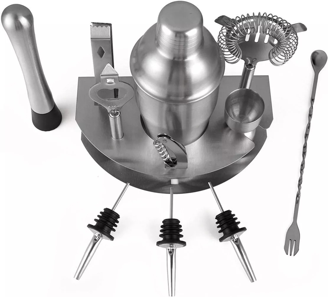 12 Pzs Bartender Shaker Cocktail Bar Utensilios Kit 750ml Color Plata