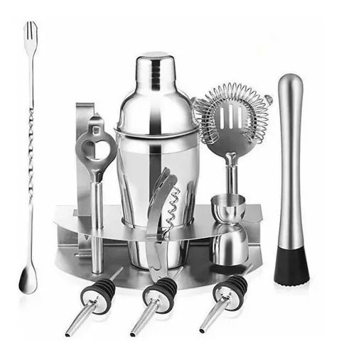 12 Pzs Bartender Shaker Cocktail Bar Utensilios Kit 750ml Color Plata