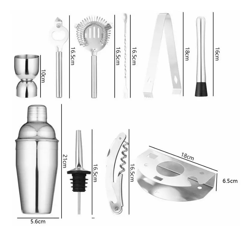 12 Pzs Bartender Shaker Cocktail Bar Utensilios Kit 750ml Color Plata