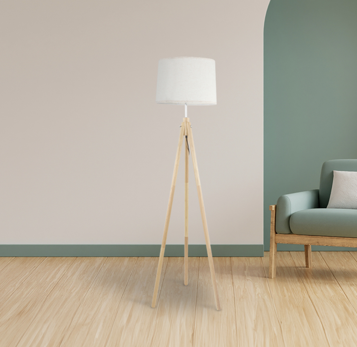 Lampara De Piso Moderna Con Base De Madera Para Interiores Estructura Marrón Claro Pantalla Blanco