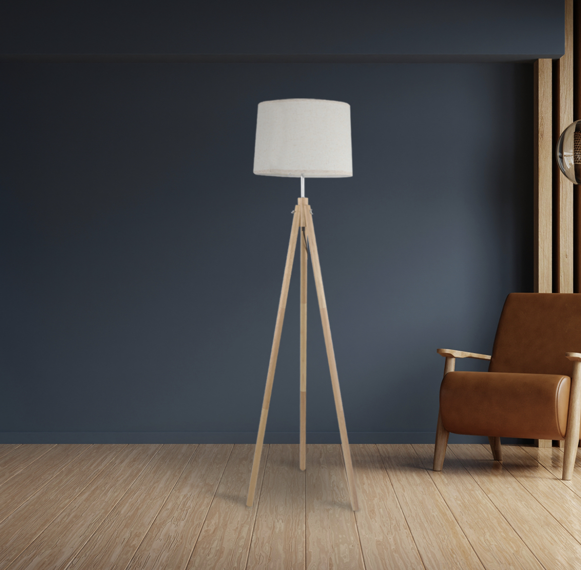 Lampara De Piso Moderna Con Base De Madera Para Interiores Estructura Marrón Claro Pantalla Blanco