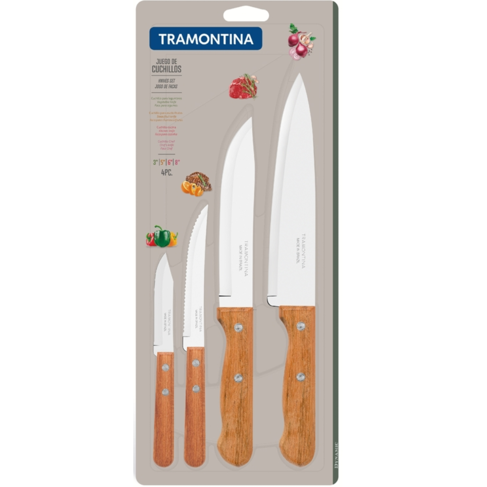 Juego de Cuchillos Tramontina Dynamic, 4 Piezas con Láminas de Acero Inoxidable y Mangos de Madera Natural Durabilidad y Estilo Rústico