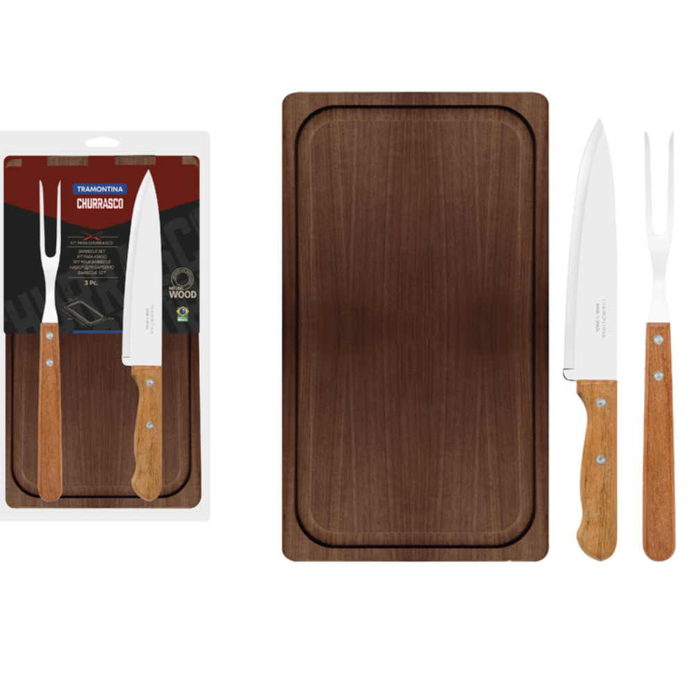 Kit Asado Tramontina Churrasco 3 Piezas: Cuchillas Acero Inoxidable y Tabla de Madera